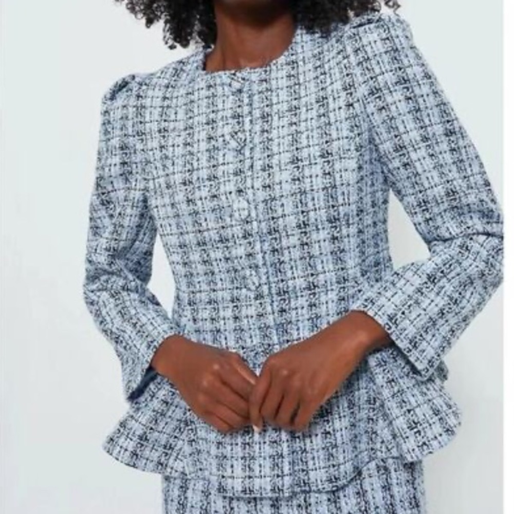 Tuckernuck Blue and White Tweed Peplum Blazer